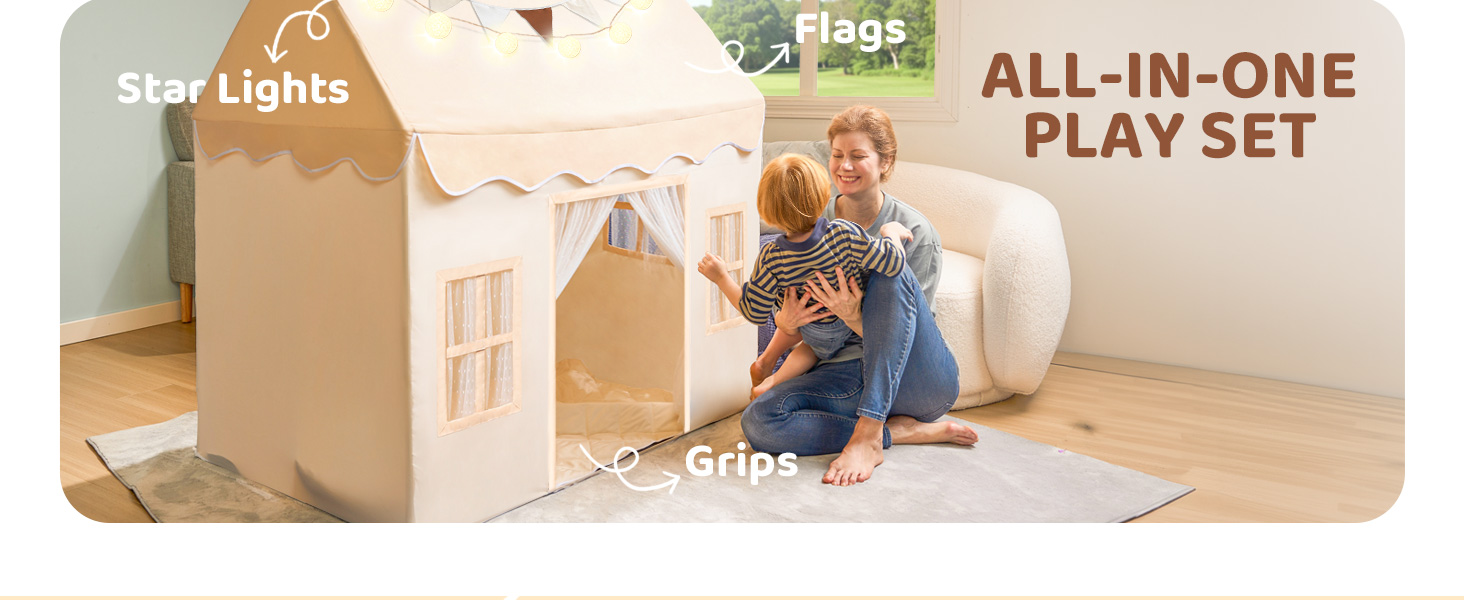 Дитячий намет SYNCFUN з килимком та світлом для гри в приміщенні. Ігровий будиночок для дівчаток 3-13 років (Бежевий).