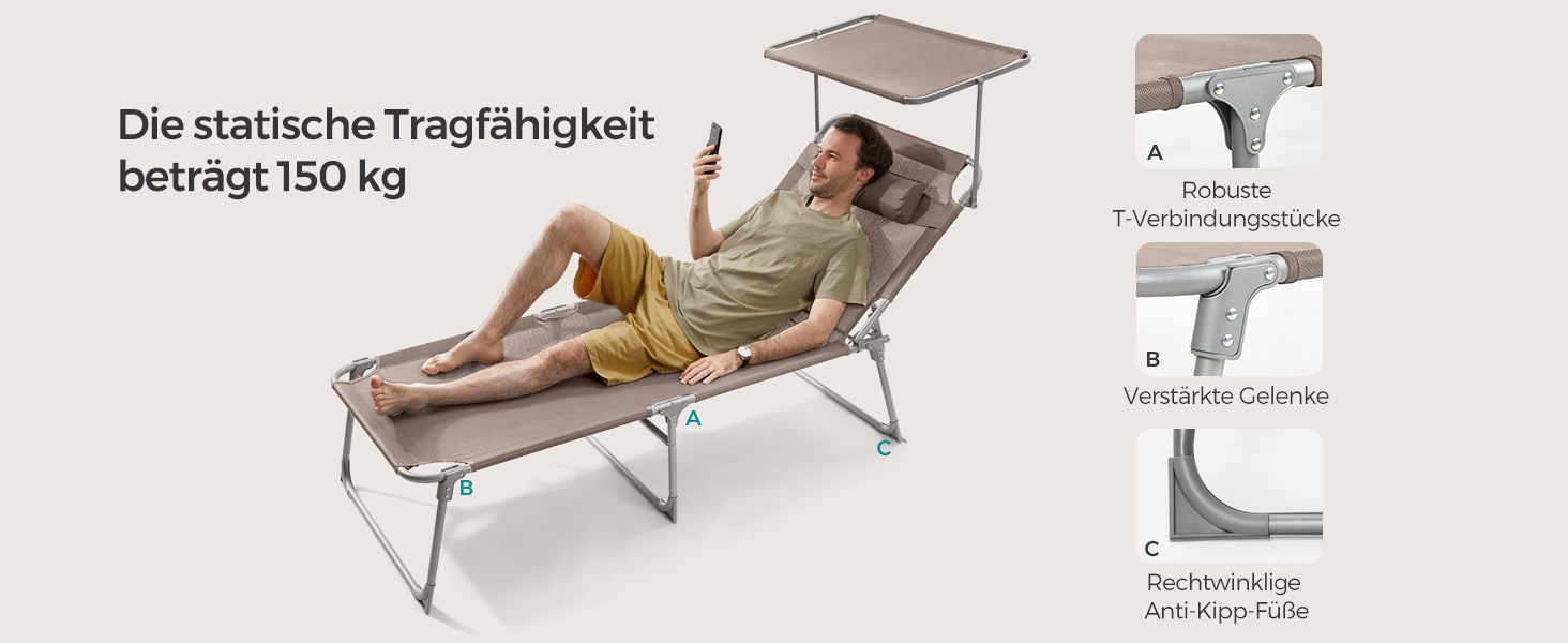 Лежак для відпочинку SONGMICS, великий, розкладний, 200 x 71 x 38 см, вантажопідйомність 150 кг, з сонцезахисною капелюхом та регульованою спинкою, для саду, басейну, тераси, темно-сірий (Taupe)