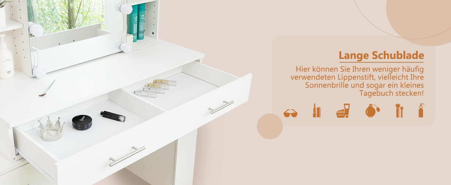 Дзеркальний туалетний столик Thanaddo з підсвічуванням та пуфом, 100×40×136 см. 6 шухляд, відкриті полиці, сучасний дизайн для спальні (білий)