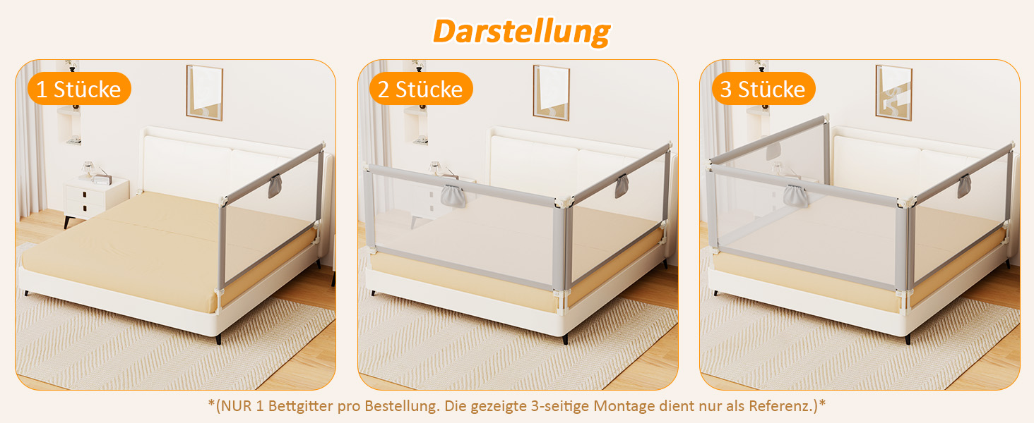 Бортики для ліжка дитячі 3 шт., захисні грати на ліжко для малюків (2x200 см + 1x180 см), сірі, складані