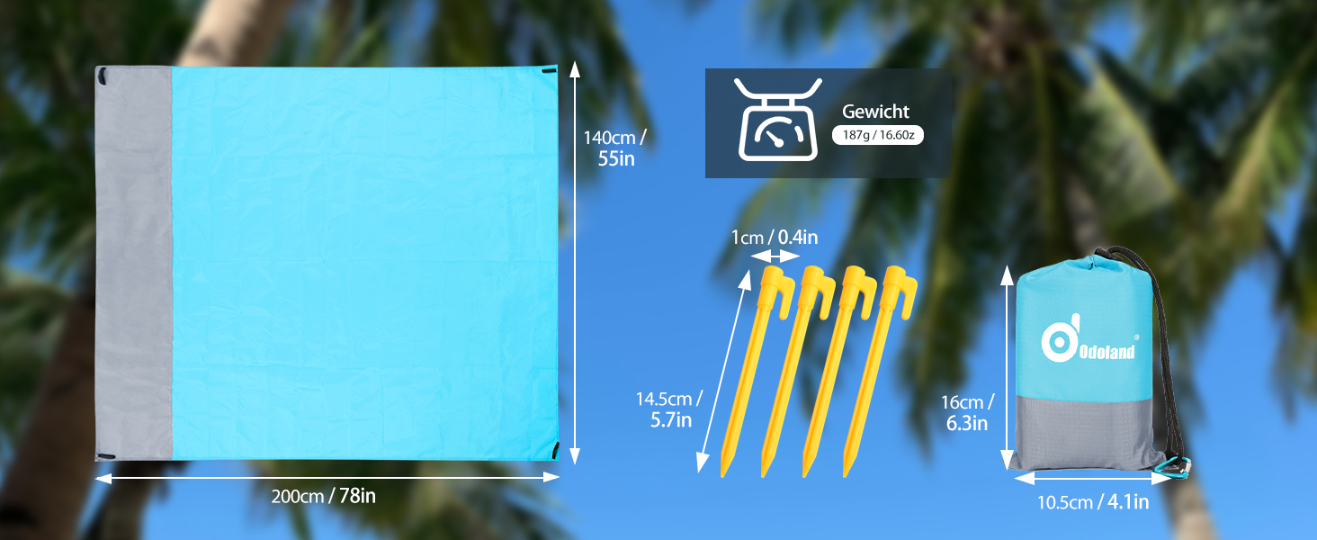 Ковдра для пікніка Odoland 110 x 160 см пляжна ковдра водонепроникний переносний килимок для кемпінгу з захистом від піску надлегкий компактний Пляжний рушник для барбекю, пляжу, подорожей, кемпінгу і пікніка (200 x 140 см, Бірюзовий)