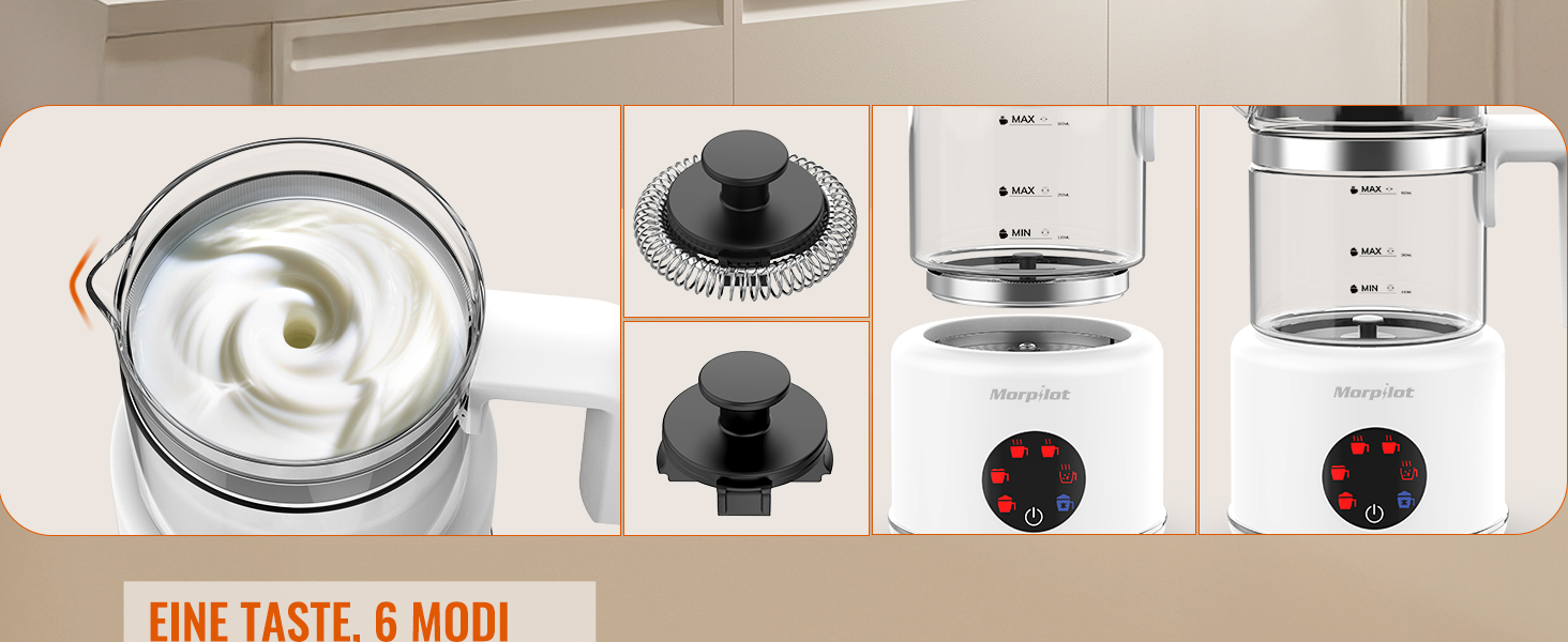 Електричний спінювач молока Morpilot 6-в-1: для капучіно, лате, гарячого шоколаду, 130-500мл, 600W, скляний, для миття в посудомийній машині