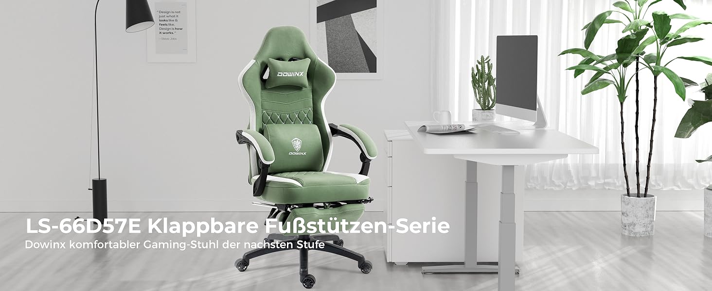 Ігровий крісло Dowinx з тканиною та кишеньковим пружинним матрацом, крісло для геймерів з масажем та підголівником, ергономічне гоночне ігрове крісло з підніжкою, висувна підніжка (зелений)