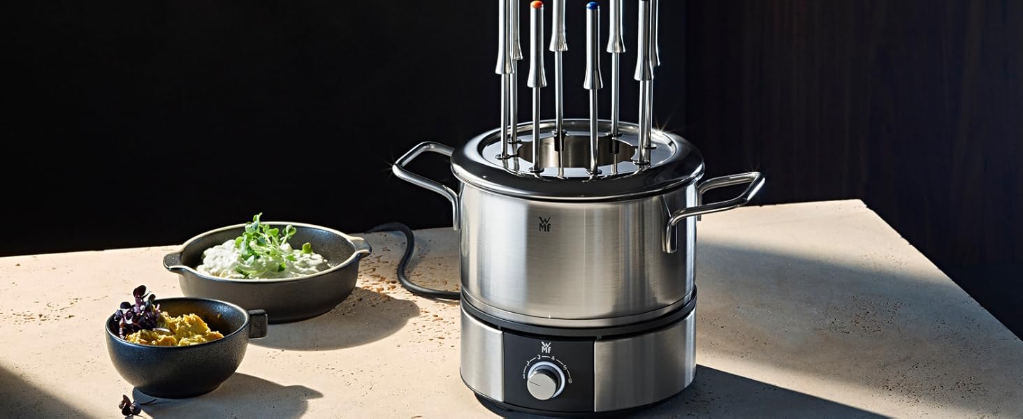 Електричний набір для фондю WMF Lono на 8 осіб: регулювання температури, індукційний горщик 1.2л, з нержавіючої сталі, з тримачем для виделок