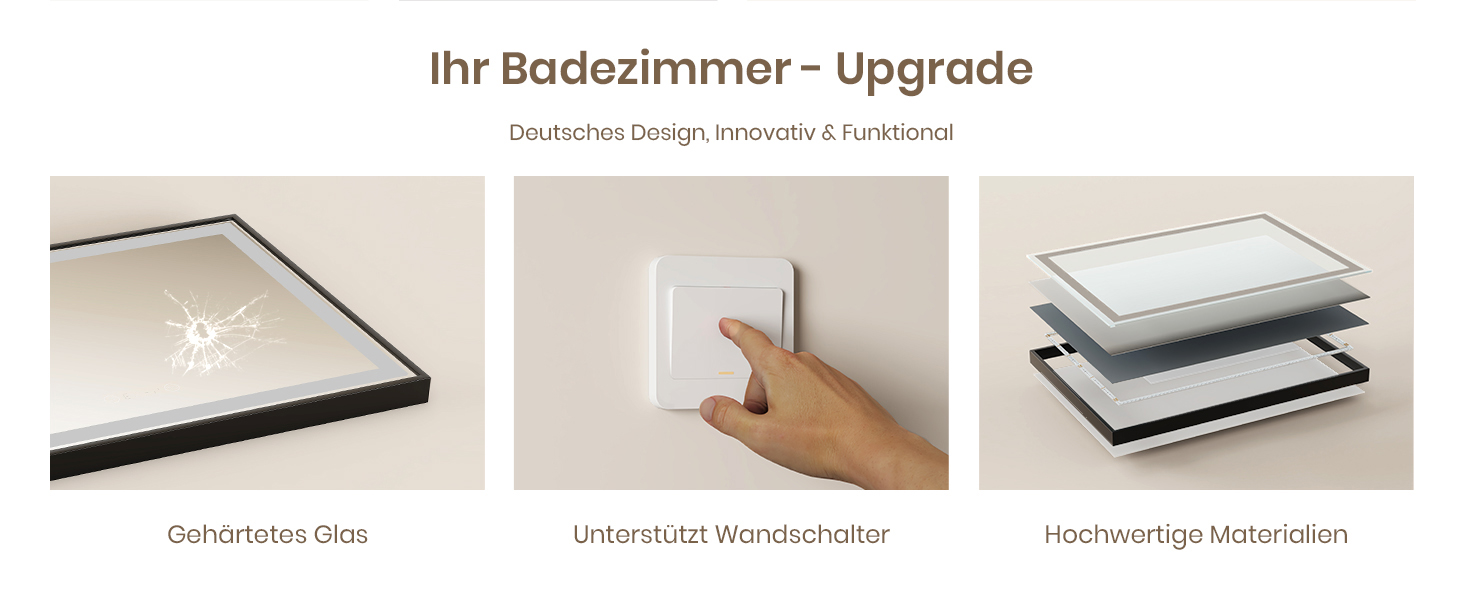 Дзеркало для ванної кімнати EMKE з підсвіткою 70x50 см, чорне, з сенсорним керуванням, регулюванням яскравості, протитуманним покриттям, годинником, функцією пам'яті та нейтральним світлом 4300K, енергозберігаюче, вологостійке (IP44)