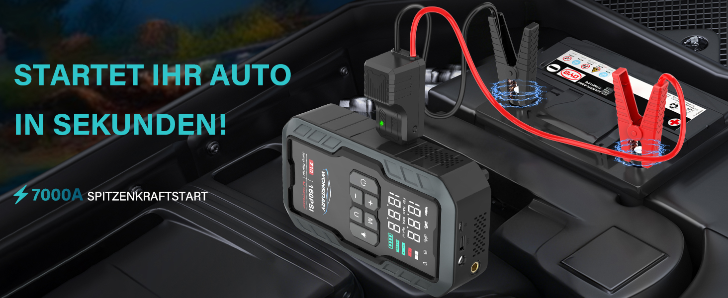 Powerbank Starthilfe 7000A для автомобіля: 27000 mAh, 160 PSI, компресор, LED-ліхтарик, для 12V бензинових та дизельних двигунів (до 8.0L)