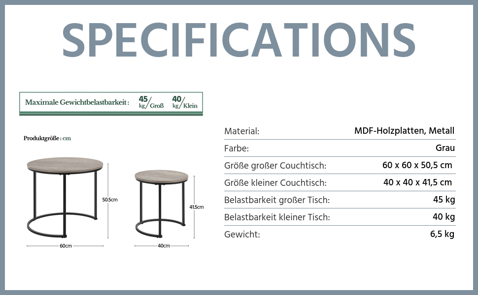 Набір Yaheetech з 2 журнальних столиків Журнальний столик Круглий гніздовий стіл Журнальний столик з металевим каркасом Стіл для вітальні Диванний стіл сучасного дизайну Маленький столик, сірий