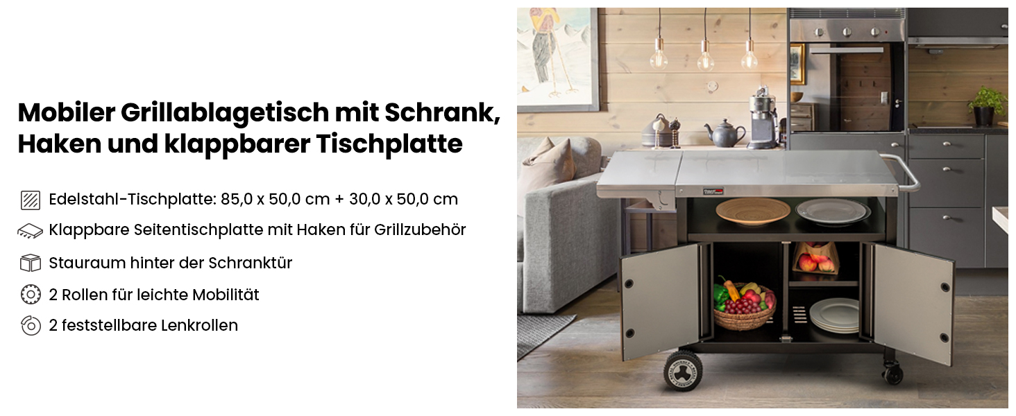 Royal Gourmet Grillwagen: гриль-візок з відкидним столиком, шафкою та нержавіючою сталевою поверхнею