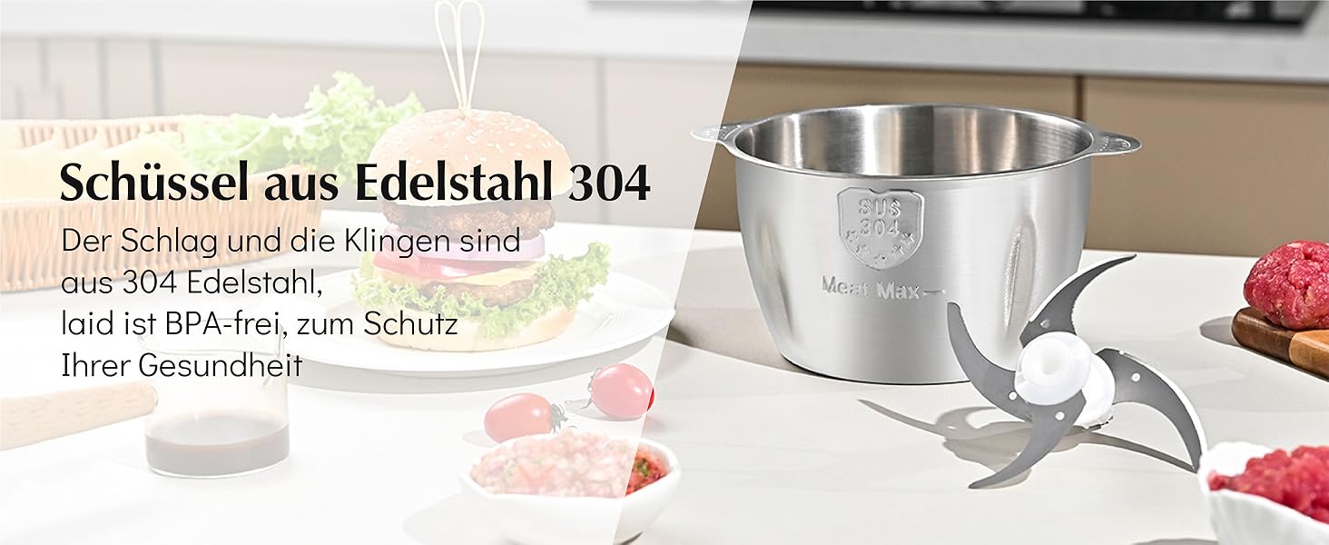 Електричний кухонний подрібнювач Zerkleinerer Küche 400W з 2 чашами (2L+2L) та подвійними лезами з нержавіючої сталі. Подрібнювач для м'яса, овочів, цибулі, фруктів. Срібний колір.