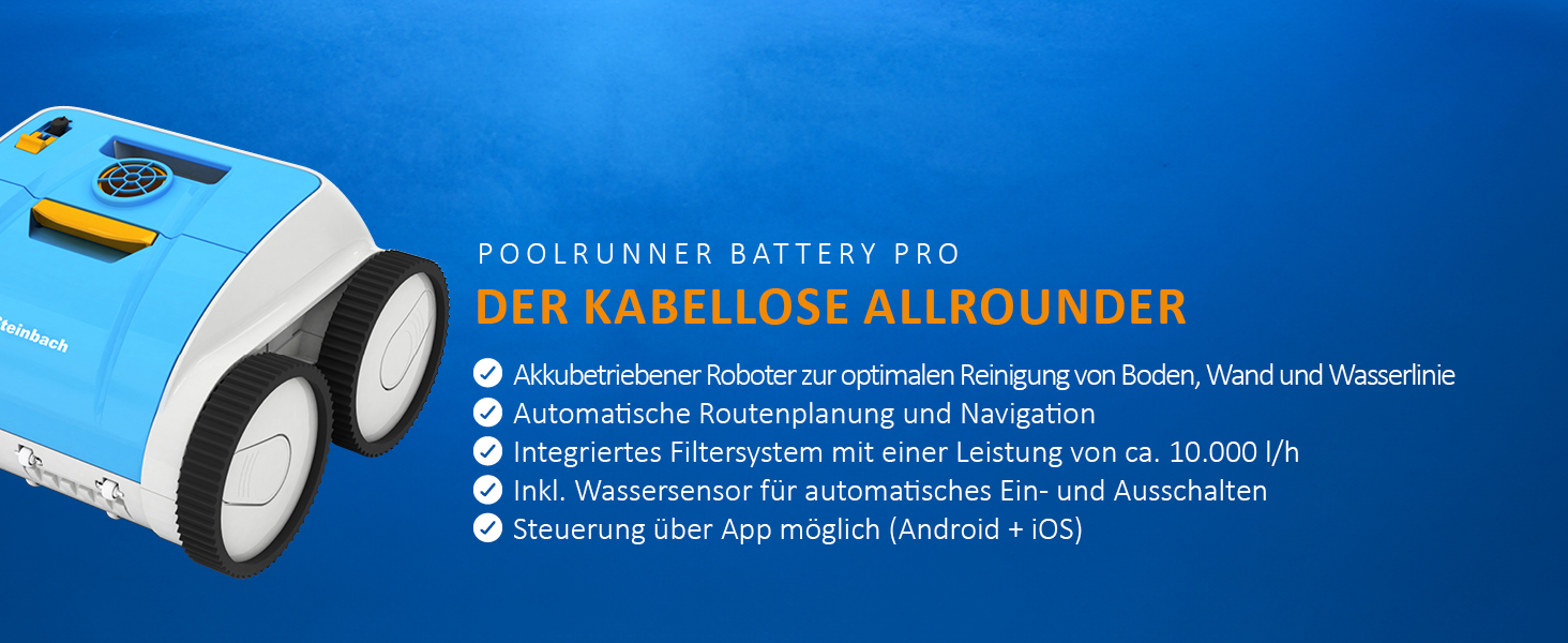 Бездротовий пилосос для басейну Steinbach Poolrunner Battery Basic 2.0, до 10 м², до 60 хв, для солоної води