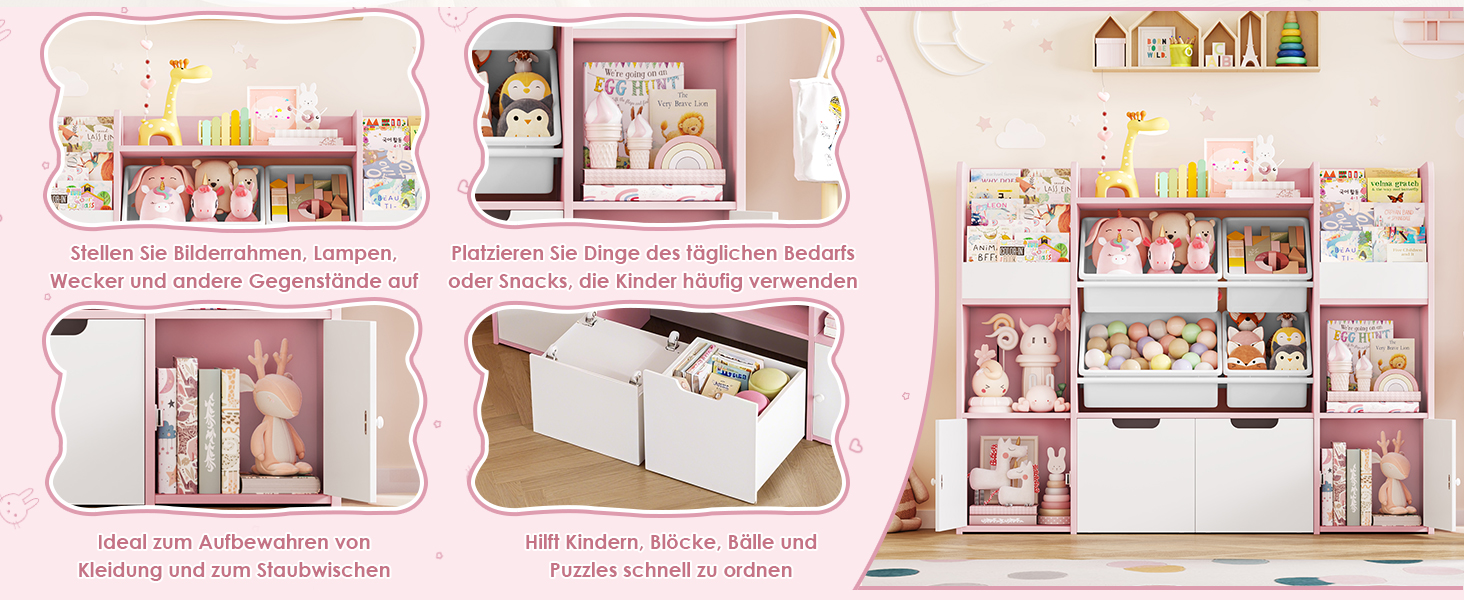FOREHILL Дитяча полиця для іграшок та книг, стелаж для дитячої кімнати з 4 ящиками, рожевий (126x30x104 см)