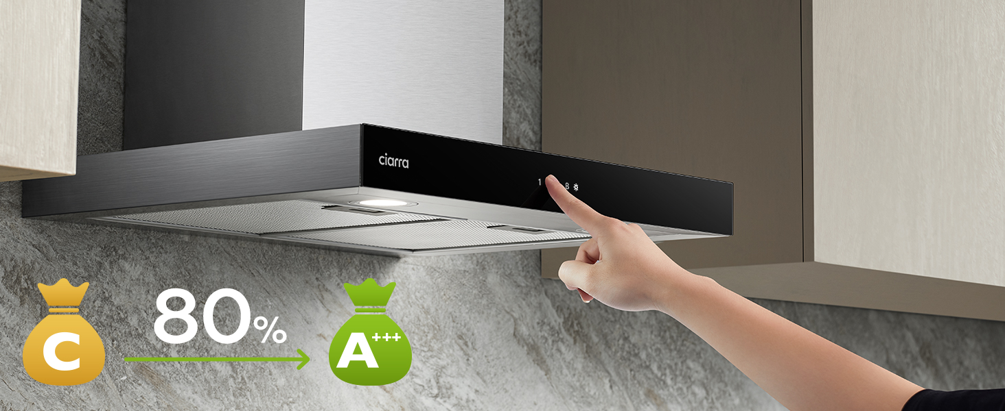 Витяжка кухонна CIARRA CBCS6102 A+++ 60 см, нержавіюча сталь, 650 м³/год, з вугільним фільтром CBCF003, сенсорне керування, режим рециркуляції та відведення