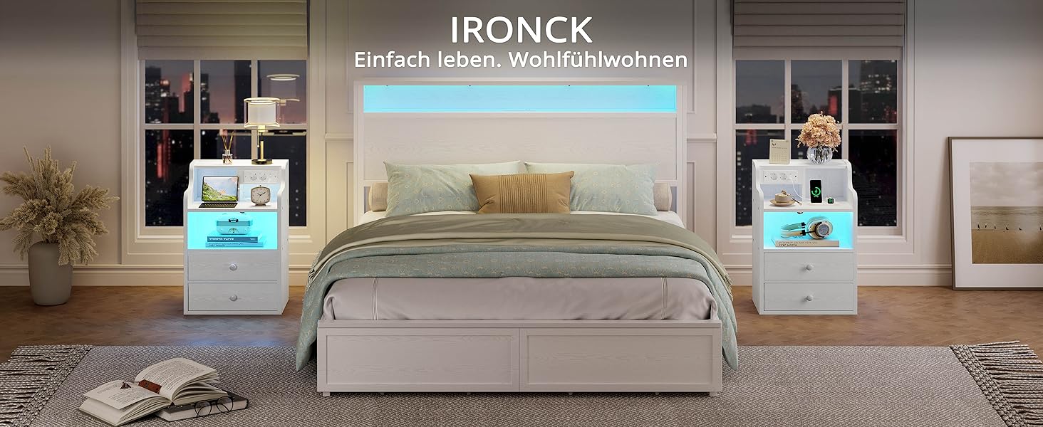 Нічний столик IRONCK з LED-підсвіткою, розеткою та функцією зарядки, з ящиками, білий.