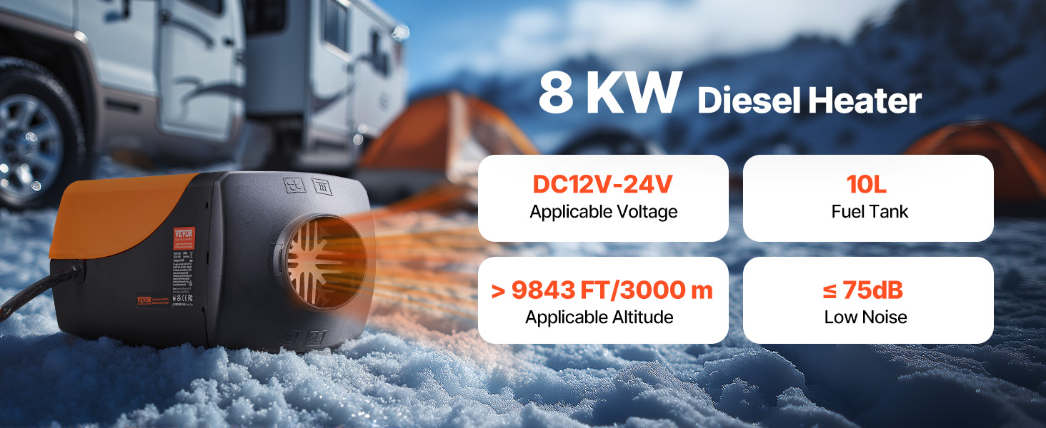 Електрична дизельна теплова газова пушка VEVOR 12V 8kW з LCD-дисплеєм та пультом дистанційного керування, 0.16-0.62 л/год, оранжева