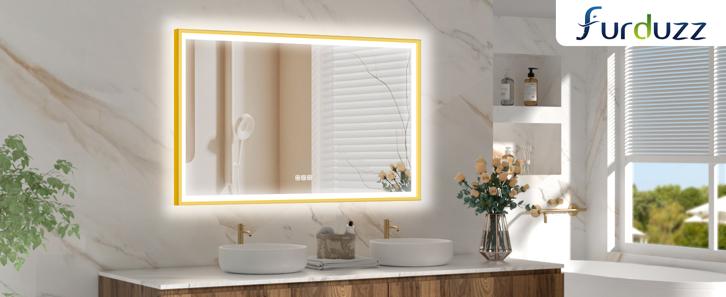 Круглий LED дзеркало для ванної кімнати Furduzz з підсвічуванням, 700 мм, настінний, сенсорний вимикач, регулювання яскравості, 3 кольори, проти запотівання, інтелектуальна пам'ять (модель 2, золота рамка, 70 x 50 см)