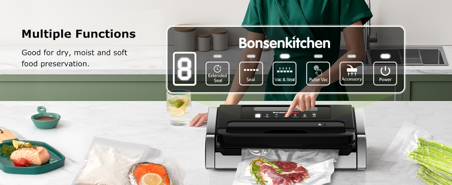 Вакууматор Bonsenkitchen для продуктів, потужний вакуумний пакувальник 15л/хв, з інтегрованим різаком та ручкою-фіксатором, чорний (комплект з 100 пакетами)