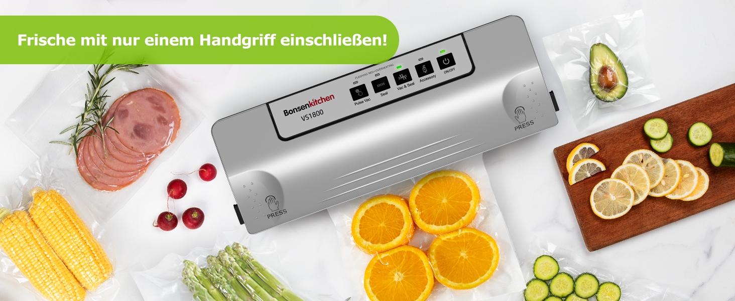 Вакуумний пакувальник Bonsenkitchen VS1800 сріблястий, 30 см, імпульсний режим, зовнішній підключення, захист від перегріву + 5 пакетів