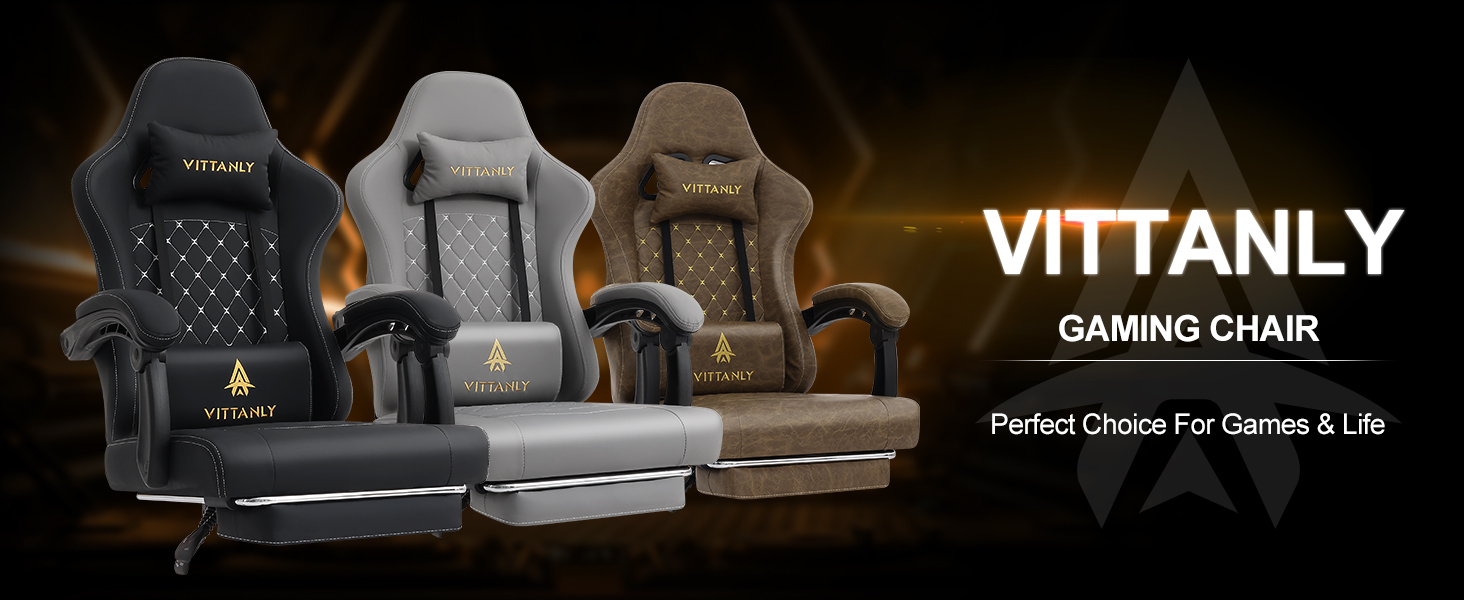 Ігровий крісло Vittanly з пружинним сидінням, ергономічний геймерський стілець з підголівником, поперековою подушкою та підніжкою, регульований поворотний ігровий крісло-офісне крісло, чорний, 150 кг