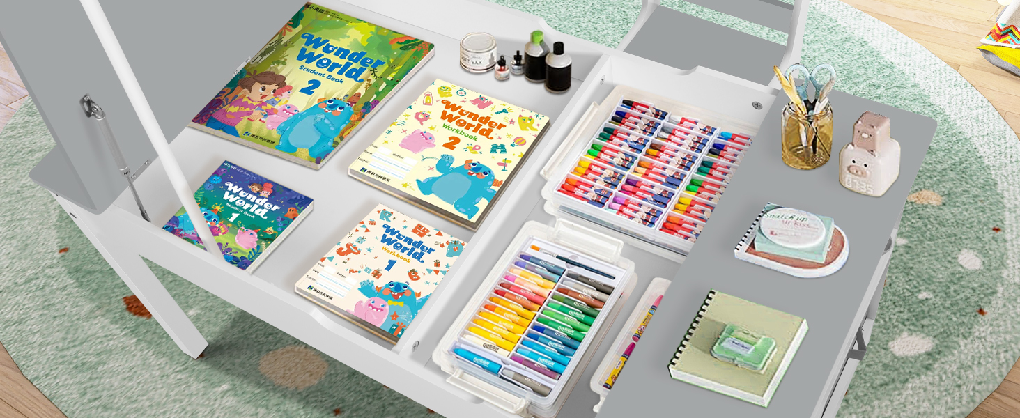 Дитячий стіл Kinder-Kunsttisch-Set з 2 стільцями: дерев'яний активний стіл для малюків з регульованою стільницею, відрами для фарб та 8 тканинними ящиками для зберігання (сірий/білий)