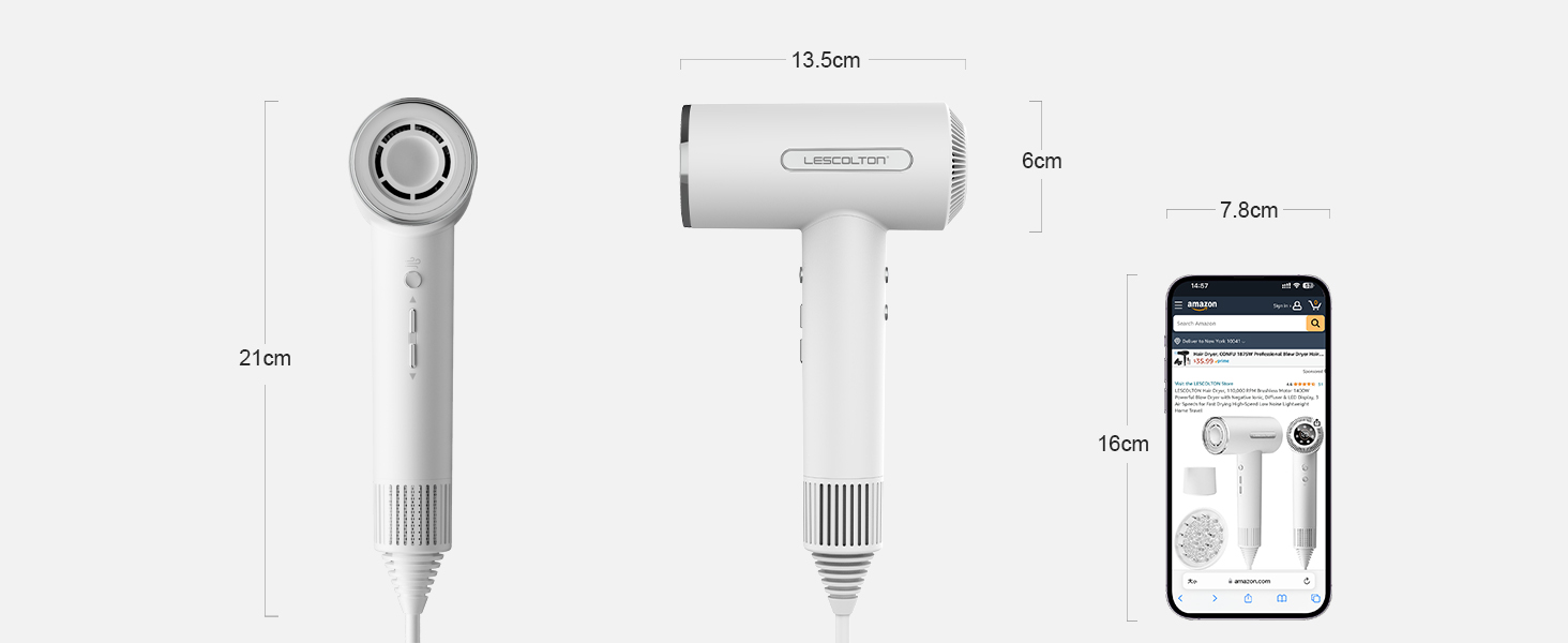 Фен LESCOLTON Ion, 110 000 об/хв, LED-дисплей, негативний іон, контроль температури та повітря (білий)