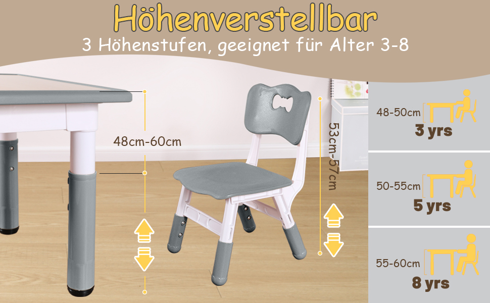 Дитячий стіл та стільці FUNLIO, регульовані по висоті, для дітей 3-8 років, миючий стіл, для класу/дитсадка/дому, сертифікований CPC (3 шт.) - сірий, 59.7 см x 59.7 см