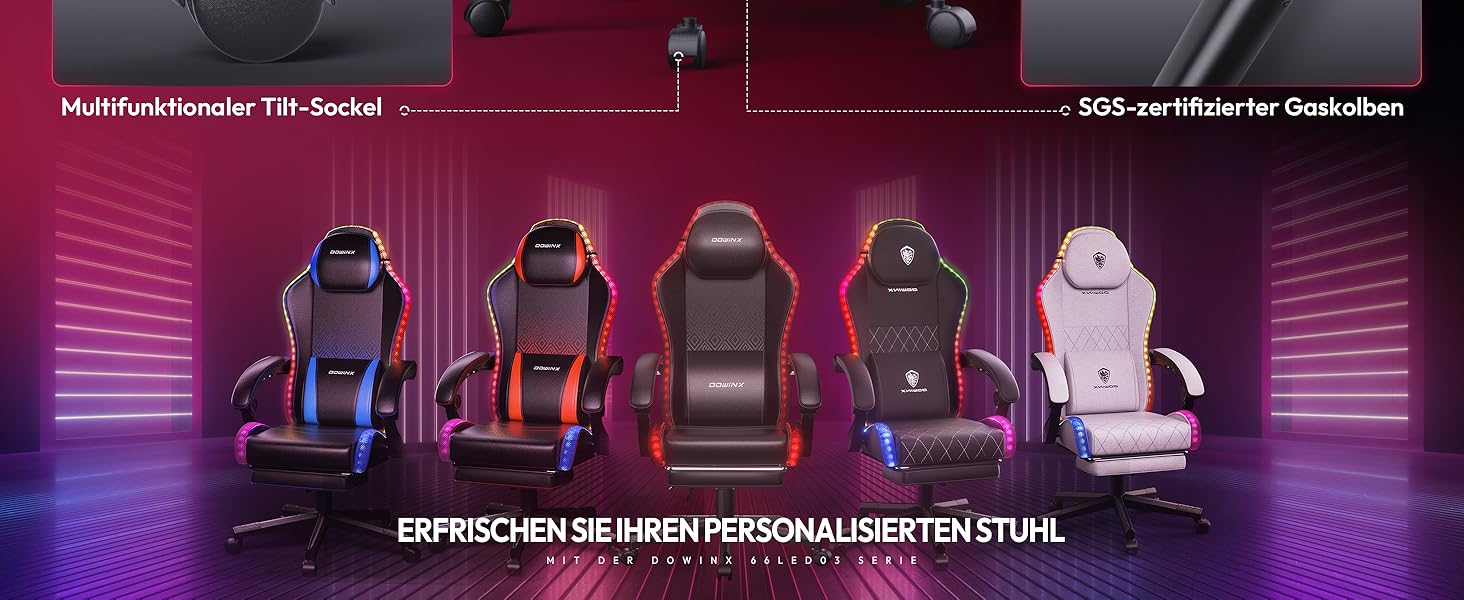 Ігровий крісло Dowinx з RGB підсвічуванням, LED, з підніжкою, для дорослих, ергономічний, з масажем попереку, PU шкіра, білий (червоний)