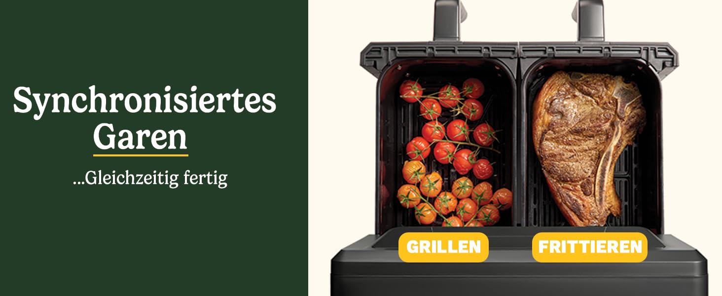 Фритюрниця Cuisinart XXL 10.4L з двома зонами, без PFAS та хімікатів. Брати, смажити, запікати, дегідратувати та підтримувати тепло. 2 камери (2 x 5.2L), 8+ порцій. Деталі придатні для миття в посудомийній машині. Чорний колір.