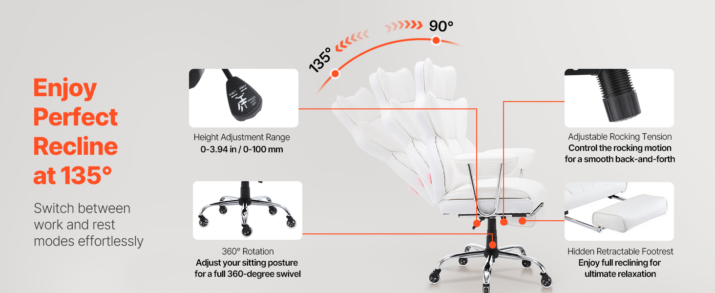Крісло офісне VEVOR з PU шкірою, біле, для начальника з підніжкою, регульоване по висоті, до 181,43 кг, 860 x 610 мм, поворотне