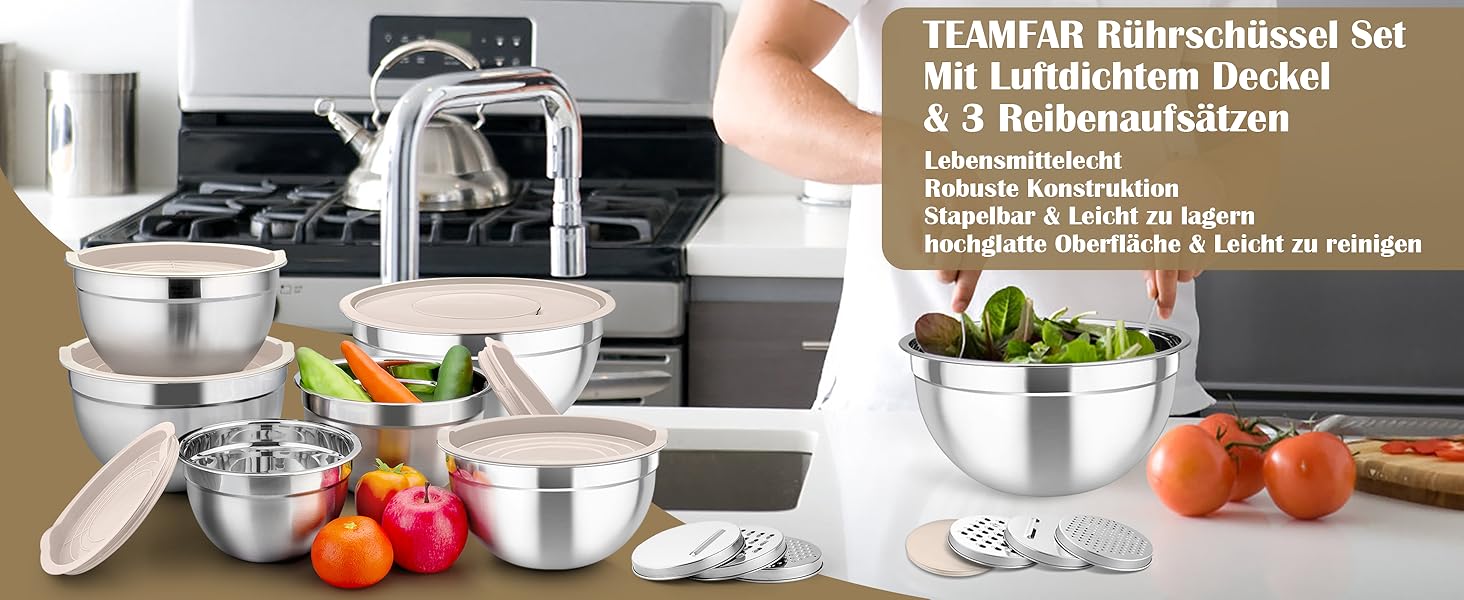 Набір салатниць TEAMFAR 6 шт. з нержавіючої сталі з кришками та силіконовими ніжками, 0,7L / 1,5L / 1,6L / 2,5L / 2,8L / 4,6L, багатофункціональний, для миття в посудомийній машині, з терками