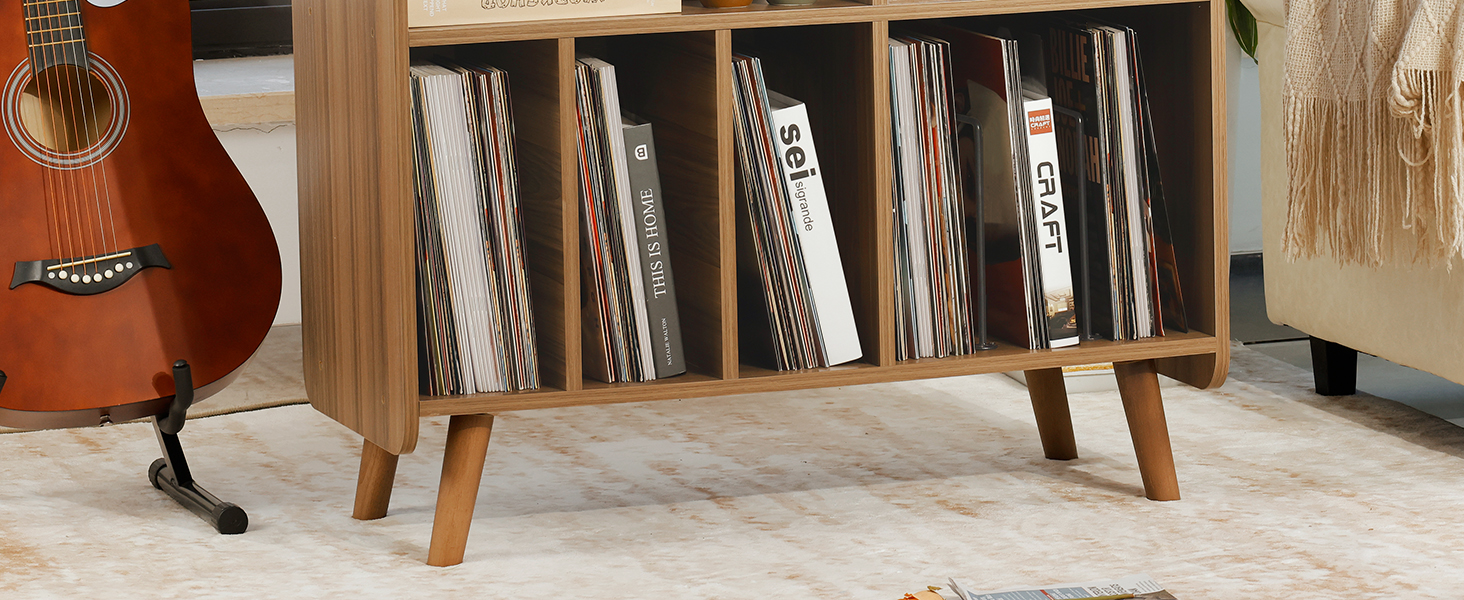 Стіл для програвача, стійка для програвача середини століття з місцем для зберігання до 350+ платівок, шафа для вінілових платівок з регульованими полицями, горіх