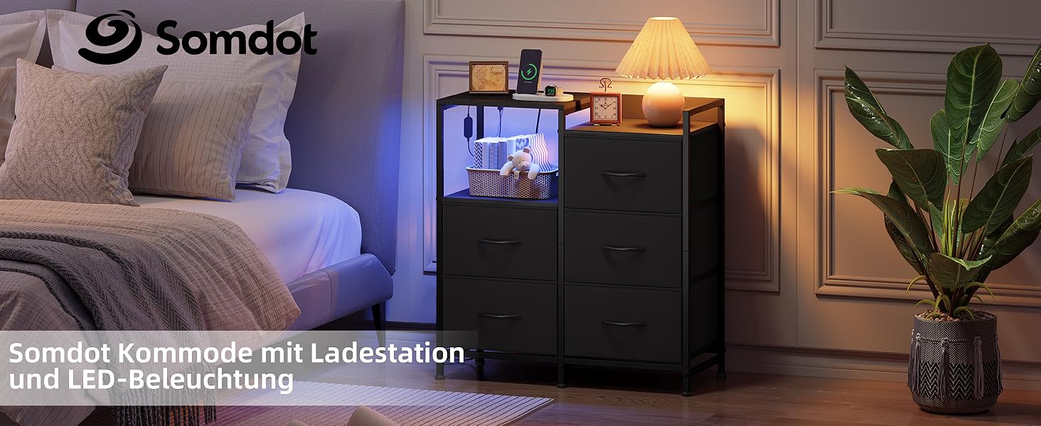 Комод з ящиками для спальні, вітальні, коридору Somdot з LED-підсвічуванням та розетками (2 AC, 1 USB, 1 Type-C), 5 тканинних ящиків, білий, 29T x 66,5B x 70,5H см