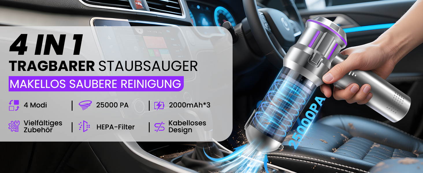 Акумуляторний ручний пилосмок 25000Па з безщітковим двигуном, 4-в-1, самоочищення, 3 режими потужності, для авто, дому та шерсті тварин, сріблясто-фіолетовий