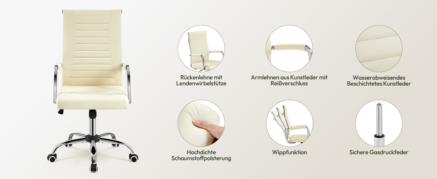 Офісний крісло Yaheetech з ергономічною спинкою та підлокітниками, для офісу та дому, до 136 кг, білий (бежевий)