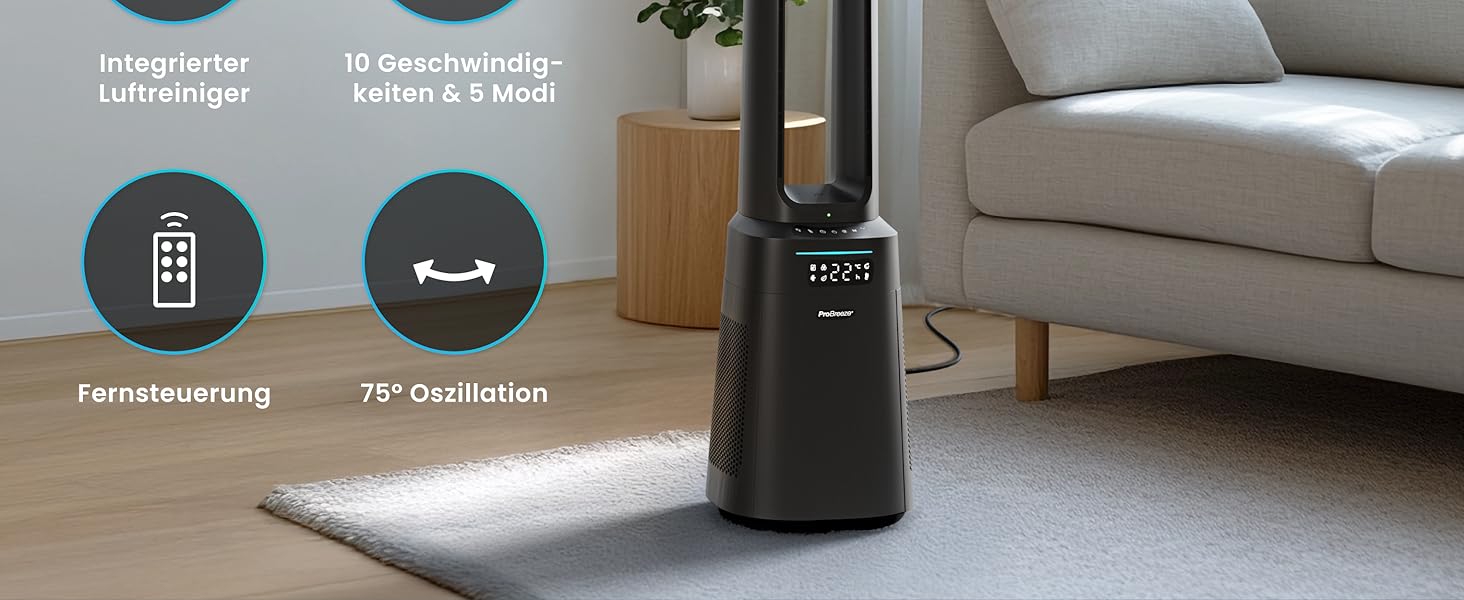 Вентилятор Pro Breeze OmniAir з очищувачем повітря 105 см, 10 швидкостей, HEPA 13, LED дисплей, пульт ДУ, 5 режимів, тиха робота, чорний