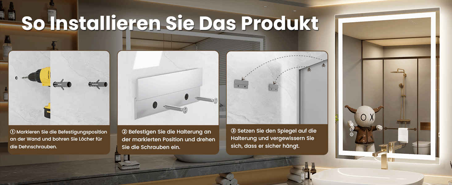 LED дзеркало для ванної кімнати 60x80 см з підсвічуванням, сенсорне керування, регулювання яскравості, 3 кольори світла, антизапар, IP44, вертикальна/горизонтальна орієнтація