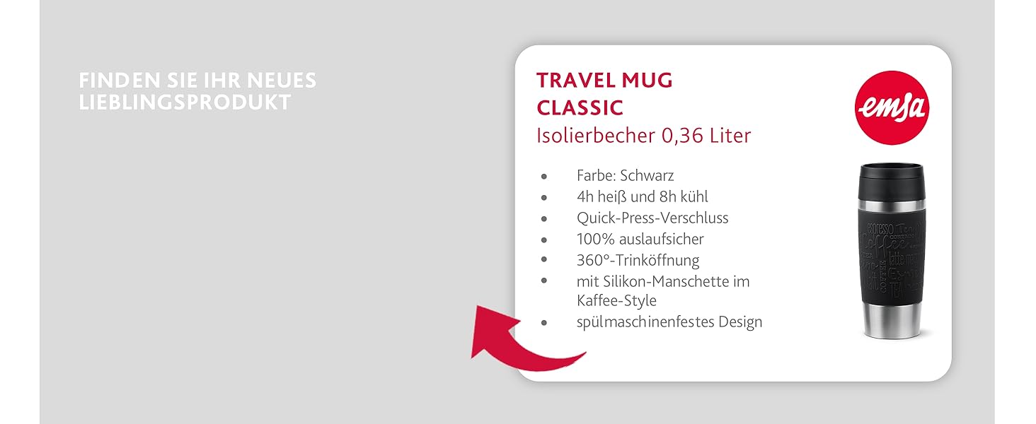 Термокружка Emsa Travel Mug Classic 360 ml, чорна, з Quick-Press, 360° відкриття, з термоізоляцією (513361)