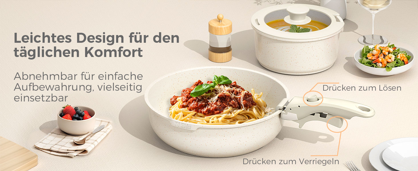 Набір посуду YASHE 9 предметів: каструлі та сковорідки з антипригарним покриттям, білий, для всіх плит, знімний ручка, сумісний з духовкою, компактний, сталевий