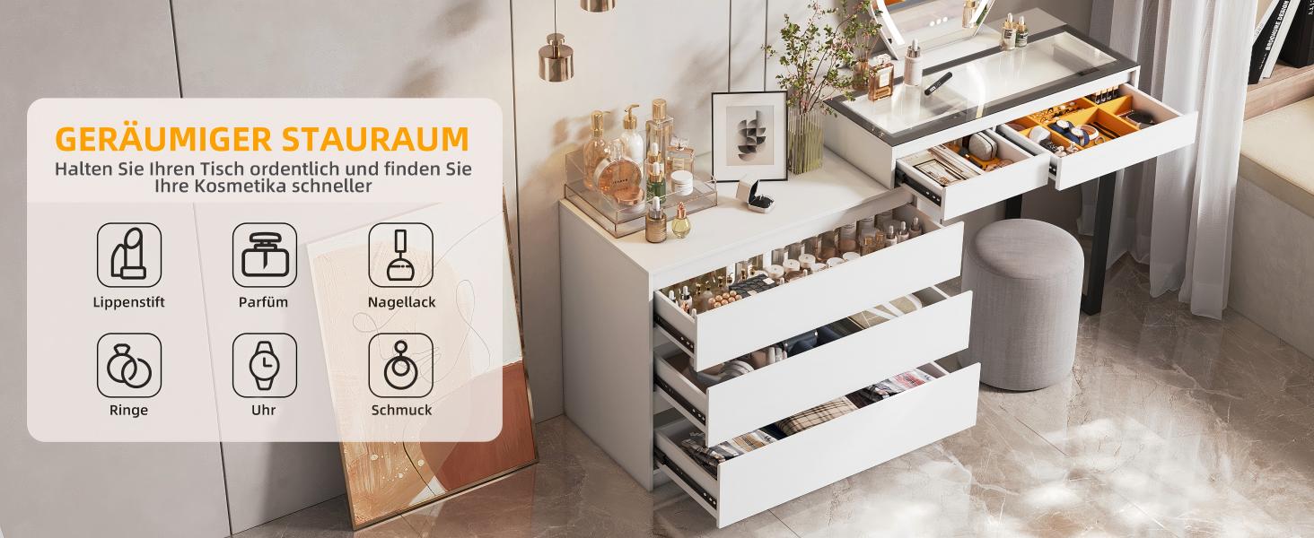 Тюль для макіяжу BROTTAR з регульованою LED-підсвіткою, туалетний столик зі дзеркалом, тумбочка з 5 висувними ящиками, кутовий туалетний столик, L-подібний, кутовий туалетний столик зі скляною стільницею, білий, стиль A