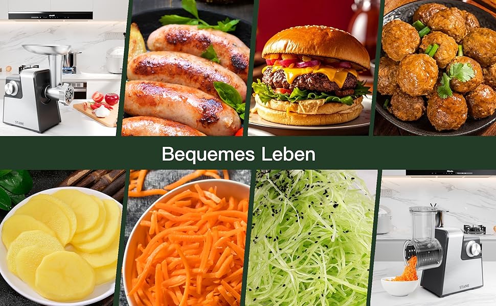 Електрична м'ясоподрібнювач STANEW 2500W з нержавіючої сталі [4-в-1] з 5 лезами (хвильовий ніж/різання/тертка) та подвійним мотором - для м'яса, овочів, зелені + насадка для ковбас та для вирізання печива