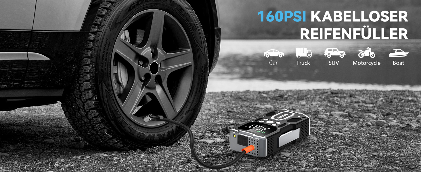 Бустер-стартер ACEZUK 9000A з компресором 160 PSI, пусковий пристрій для автомобіля, SUV та мотоцикла 12V (бензин/дизель), чорний