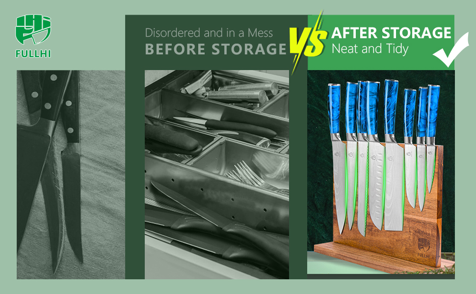 Японський набір ножів Fullhi 15 предметів з магнітним підставкою, з високоякісної сталі, ергономічні ручки з харчового пластику, для професійної та домашньої кухні