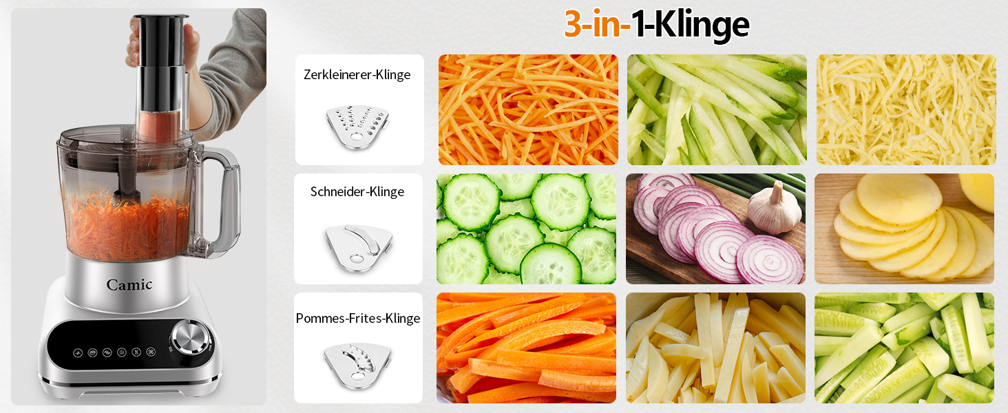 Кухонний комбайн Camic 1500W з мискою 2.5л, 6 програм, подрібнювач, нарізач, міксер, аксесуари, для дому, сріблястий