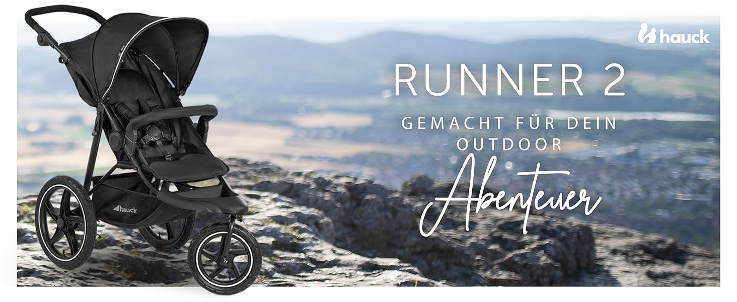 Дитяча коляска-візок Hauck Runner 2, чорний - робастний триколісний візок з XL повітряними колесами, амортизацією, захистом від сонця SPF 50+, великим москітним вікном, регульованою ручкою, з функцією рекліну для дітей від народження до 22 кг, складаний чорного кольору