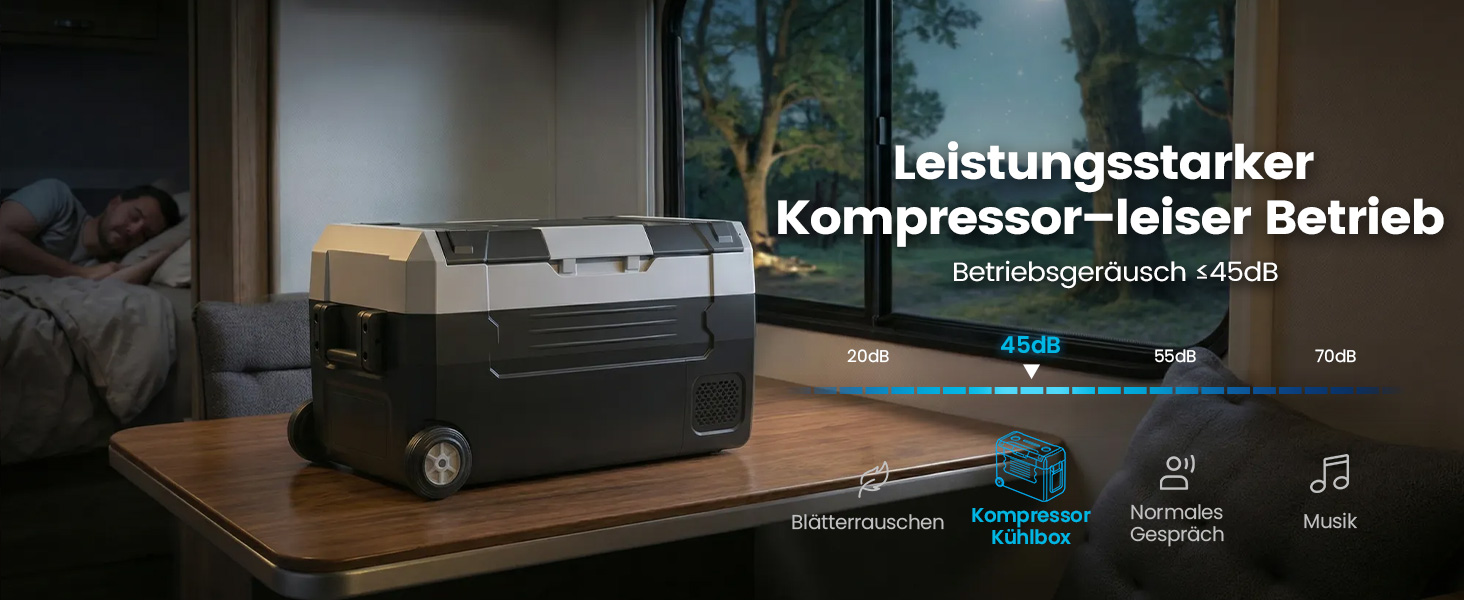 Автомобільний холодильник KROAK 35л з Bluetooth, двозонний (-20°C/+20°C), 12/24/230V. Для кемпінгу, авто, вантажівок, будинків на колесах. З колесами, перегородкою та обробною дошкою.