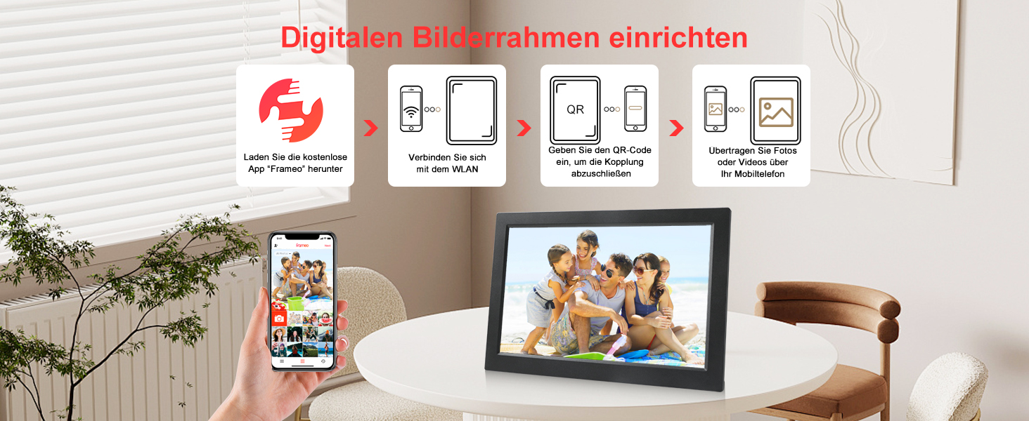 Frameo Цифровий фоторамка 15.6 дюймів Wi-Fi, FHD IPS сенсорний екран, 32GB, автоматичне обертання, ділитися фото та відео, кріплення на стіну