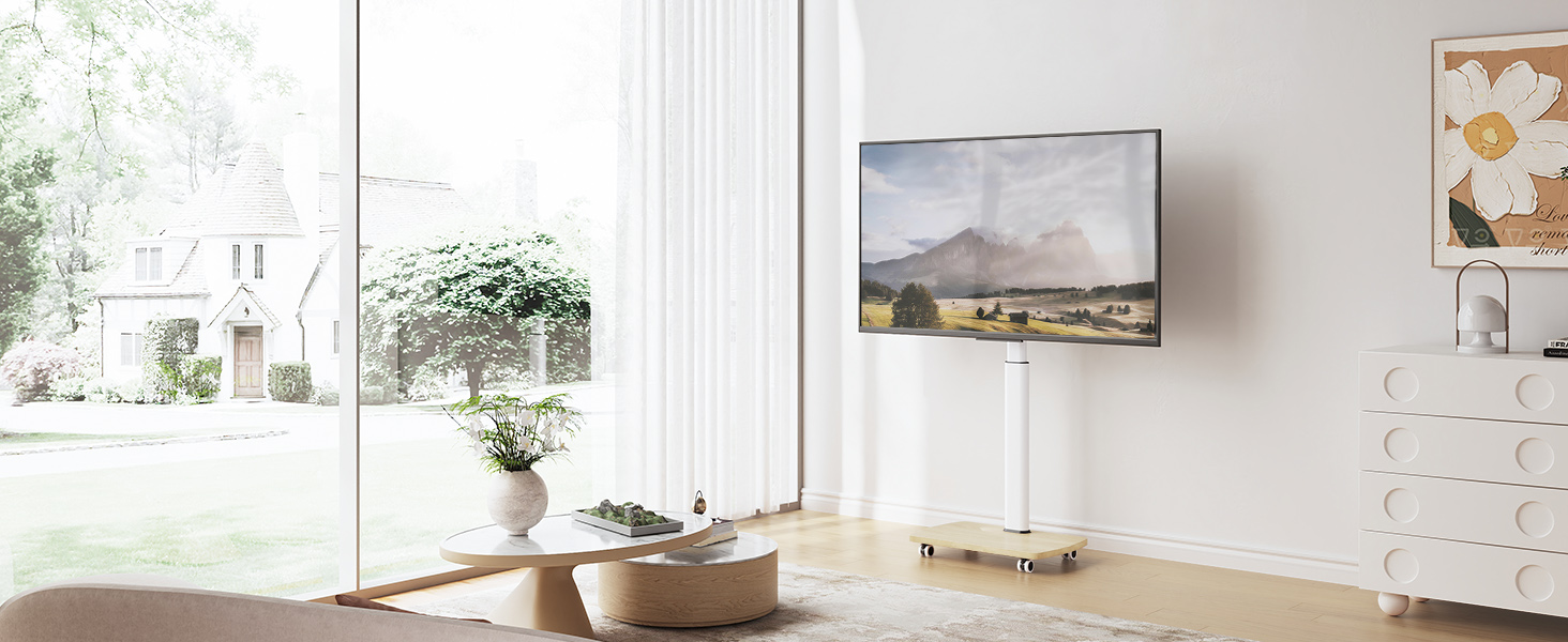 Підставка для телевізора на колесах з полицею, для телевізорів 32-65 дюймів, до 35 кг, поворотна на 90°, регульована по висоті, VESA 400x400mm (Білий+Натуральний колір)