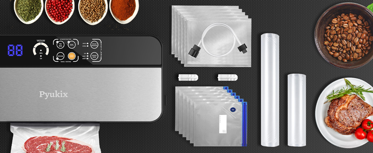 Вакууматор 8-в-1 для продуктів з потужністю 80 КПа, режимами «сухий/вологий», вбудованим різаком та відсіком для пакетів, цифровим таймером, нержавіюча сталь (комплект: шланг, 2 рулони, 11 пакетів)