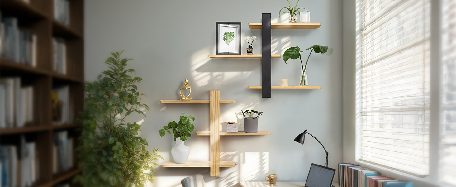 Полиця настінна SUMGAR з дерева, плаваюча, три яруси, 50x58 см (біла/дерево) для вітальні, спальні