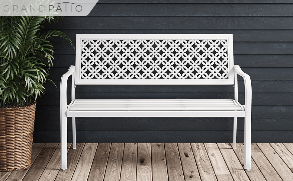 Металева лавка Grand Patio для саду, парку, балкону. Лавка з підлокітниками та спинкою, стиль ретро, міцний метал та чавун, на 2-3 особи. Білий колір, вінтажний стиль.