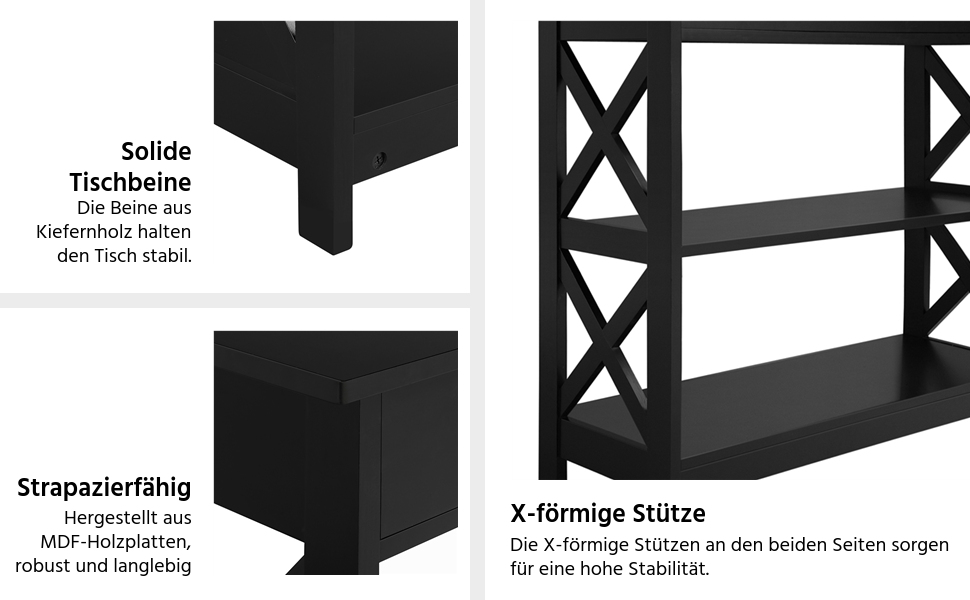 Консольний стіл Yaheetech з ящиком, 2 полиці, X-Frame, 100x30x80 см, чорний